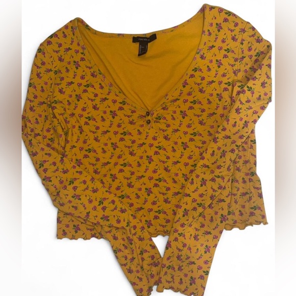 Forever 21 Yellow Floral Crop Top V-Neck Henley Long - Picture 3 of 4